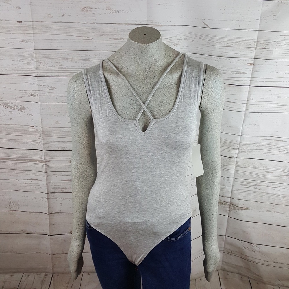 CAD Heather Gray Criss Cross Bodysuit Knit Tank